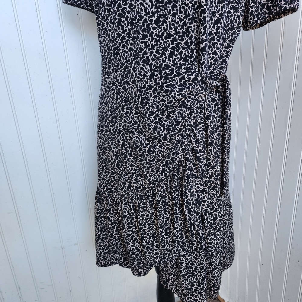 MICHAEL Michael Kors Black Beige Print Tie Faux Wrap Dress Ruffle Short Sleeve L - Picture 5 of 13